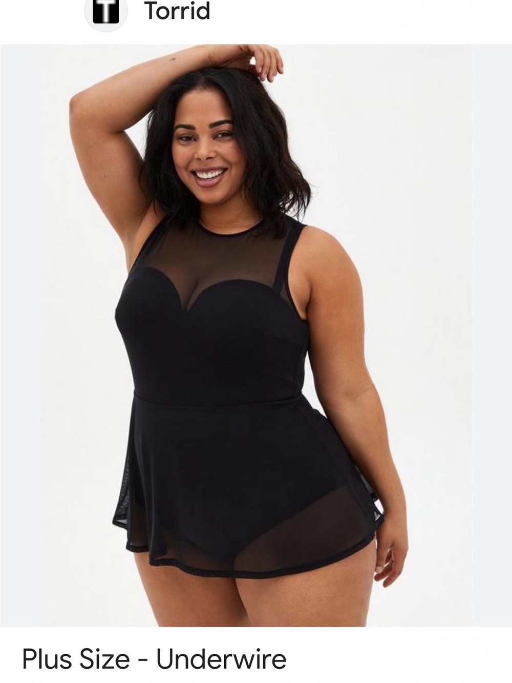 NEW WITHOUT TAGS Torrid Black Mesh Skirted Underwire Swimdress with Sheer Yoke